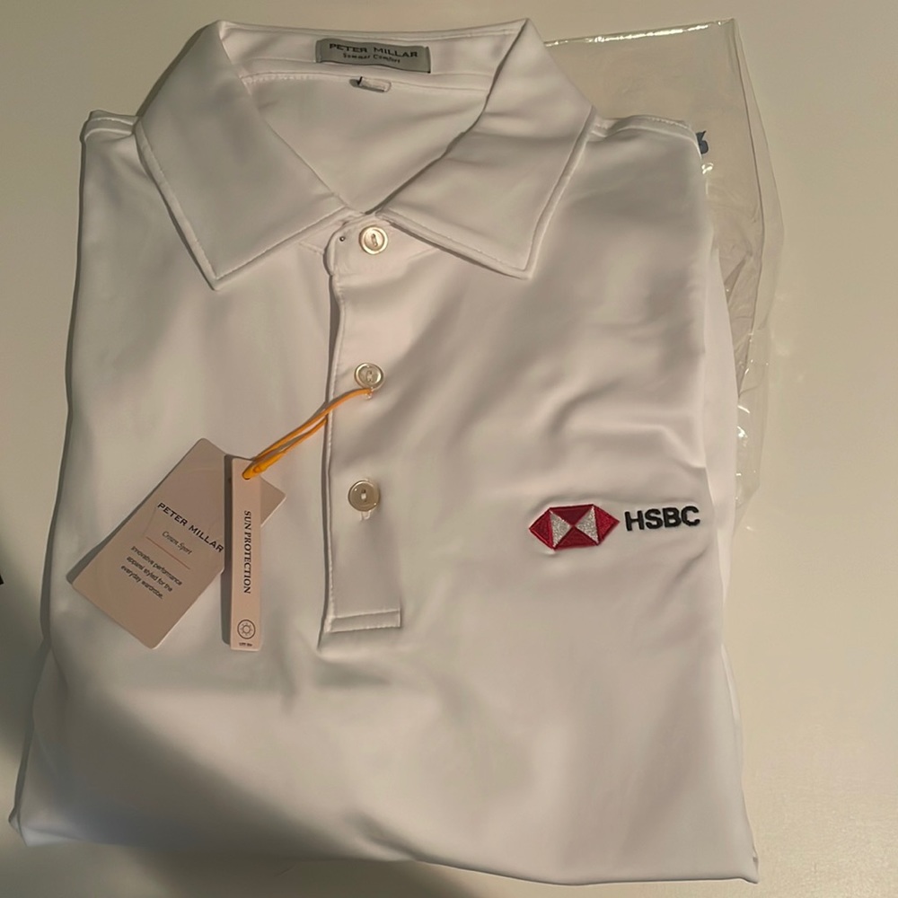 NWT PETER MILLAR white golf shirt with HSBC logo
